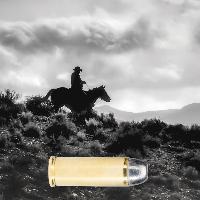 Image of cowboy on horseback with pistol cartrige superimposed along bottom of image